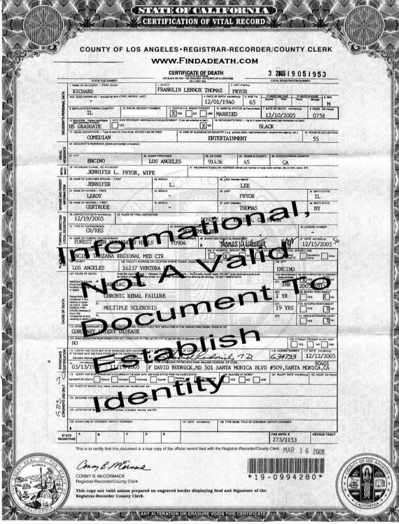 Richard Pryor's Death Certificate