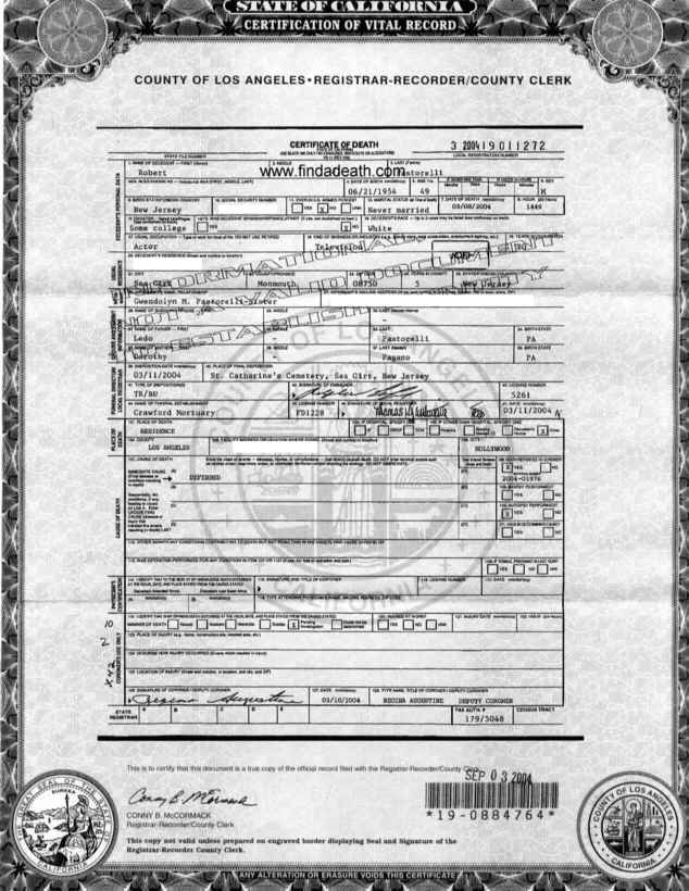 Robert Pastorelli's Death Certificate