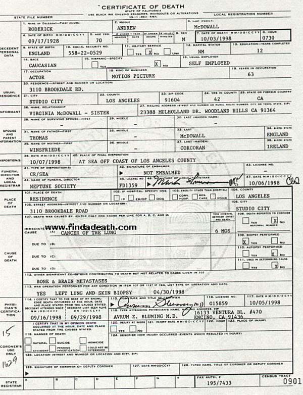 Roddy McDowall's Death Certificate