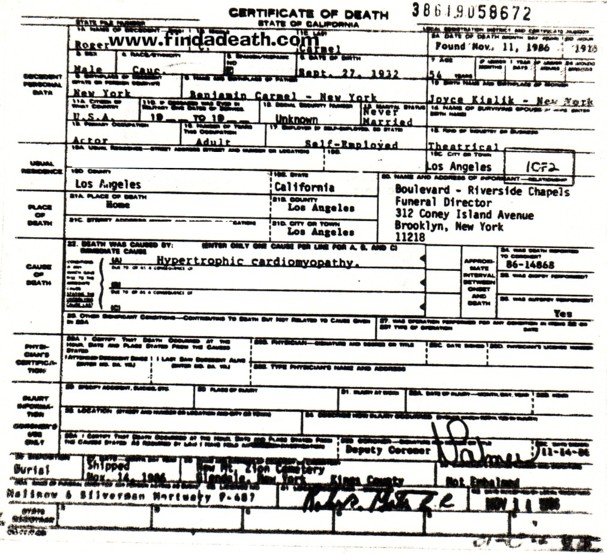 Roger C. Carmel's Death Certificate