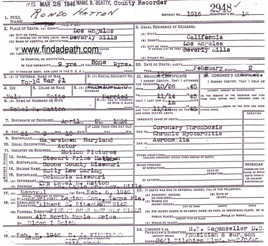 Rondo Hatton's Death Certificate