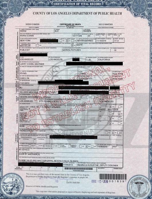Ronni Chasen's Death Certificate
