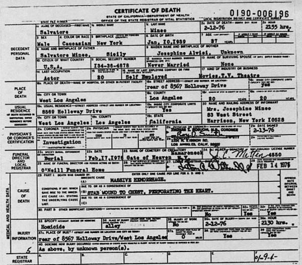 Sal Mineo's Death Certificate