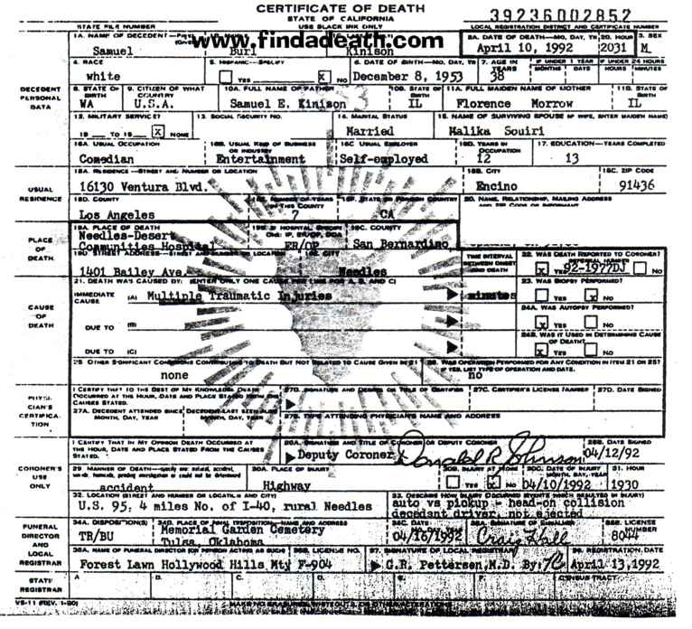 Sam Kinison's Death Certificate