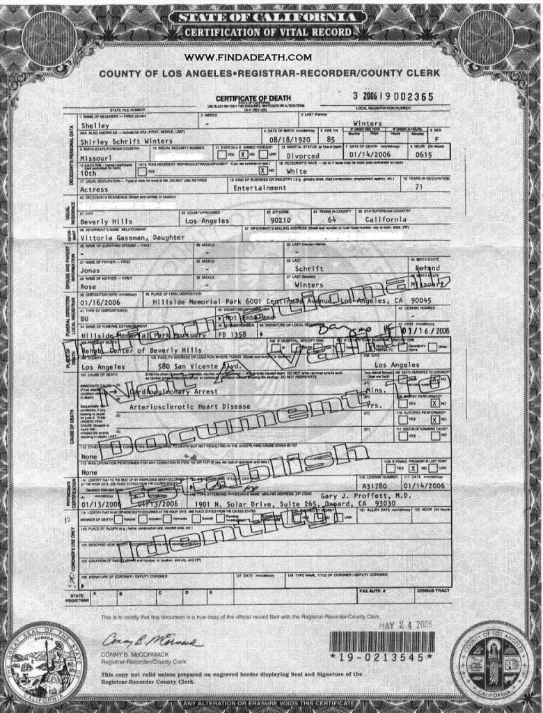 Shelley Winters' Death Certificate