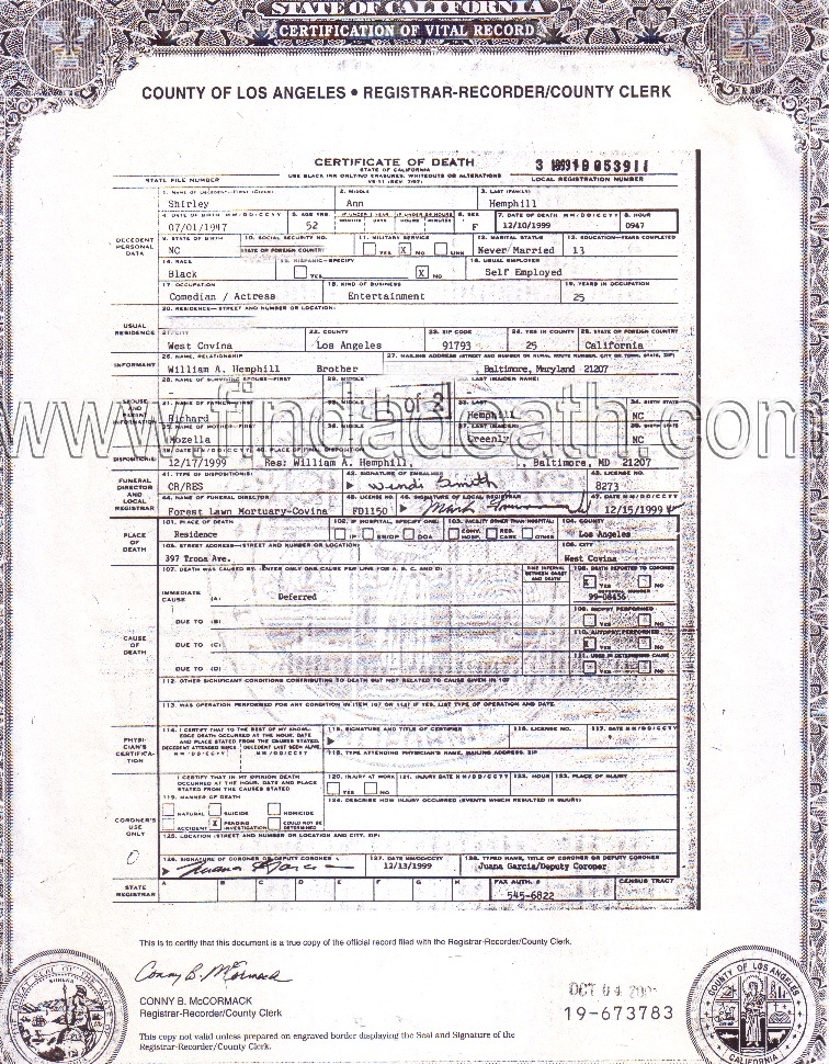 Shirley Hemphill's Death Certificate