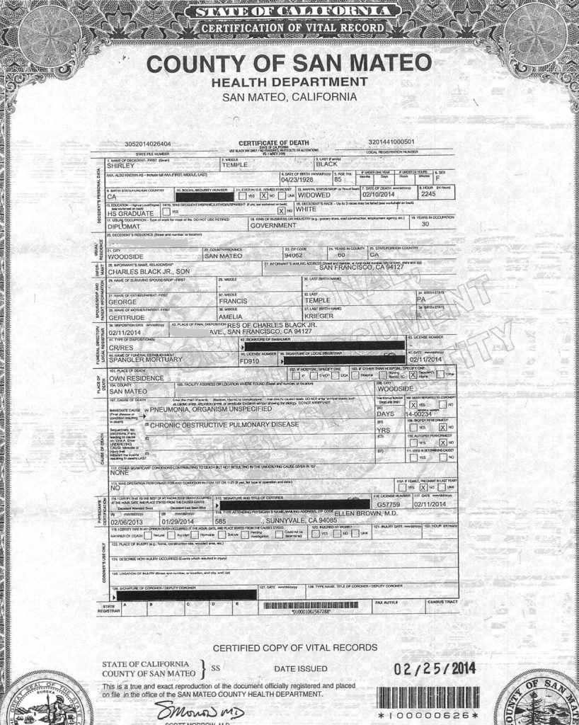 Shirley Temple's Death Certificate