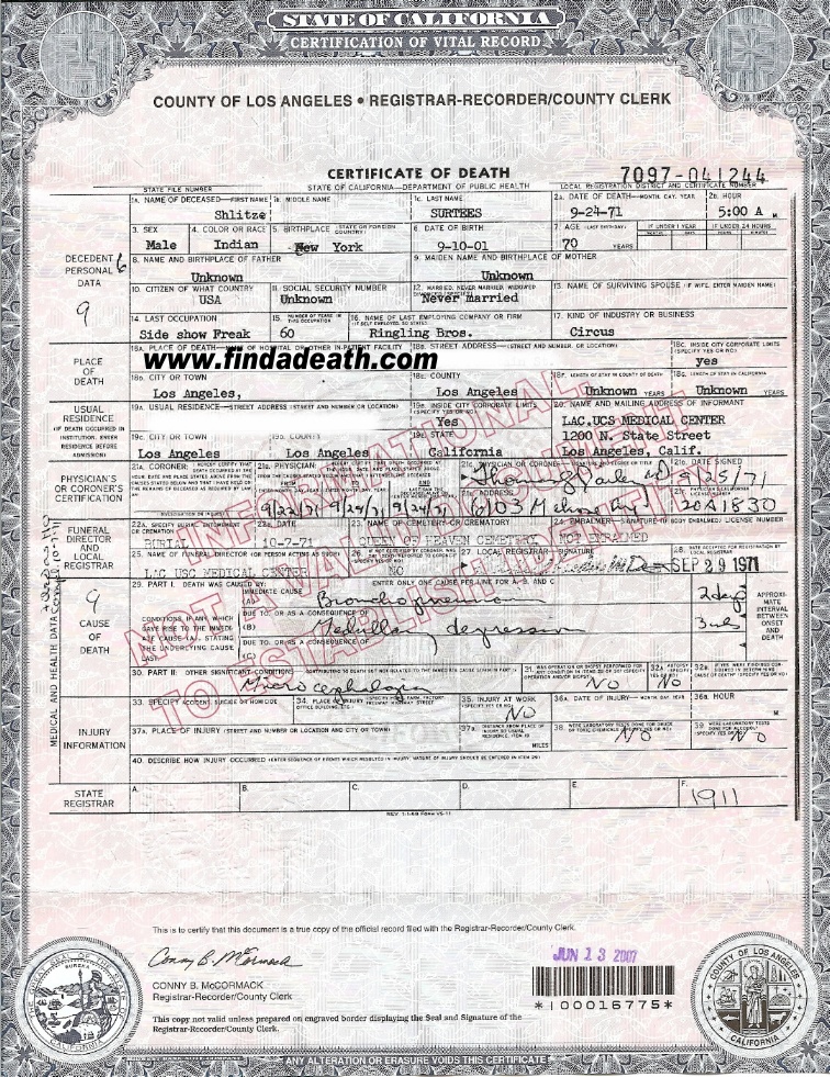 Shlitzie The Pinhead's Death Certificate