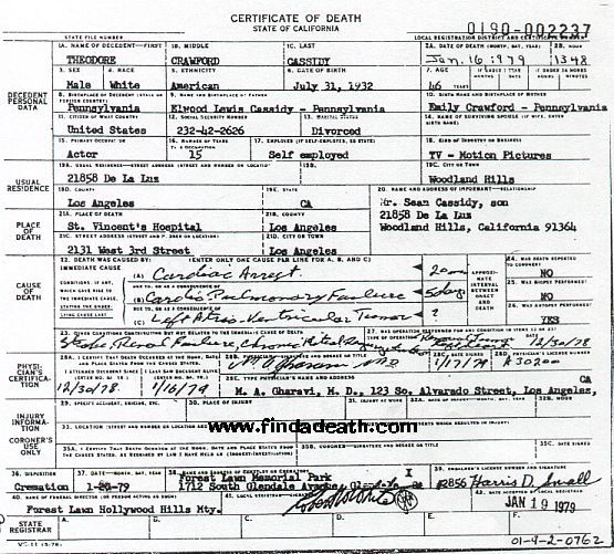 Ted Cassidy's Death Certificate