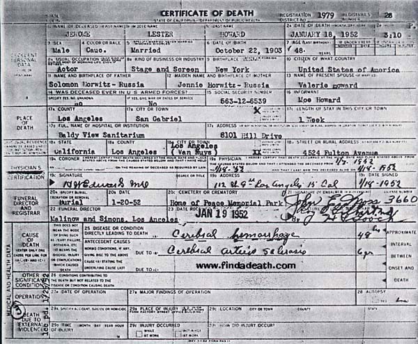 Jerome "Curly Howard" Horwitz's Death Certificate