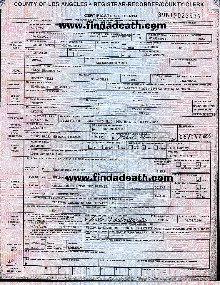 Timothy Leary's Death Certificate