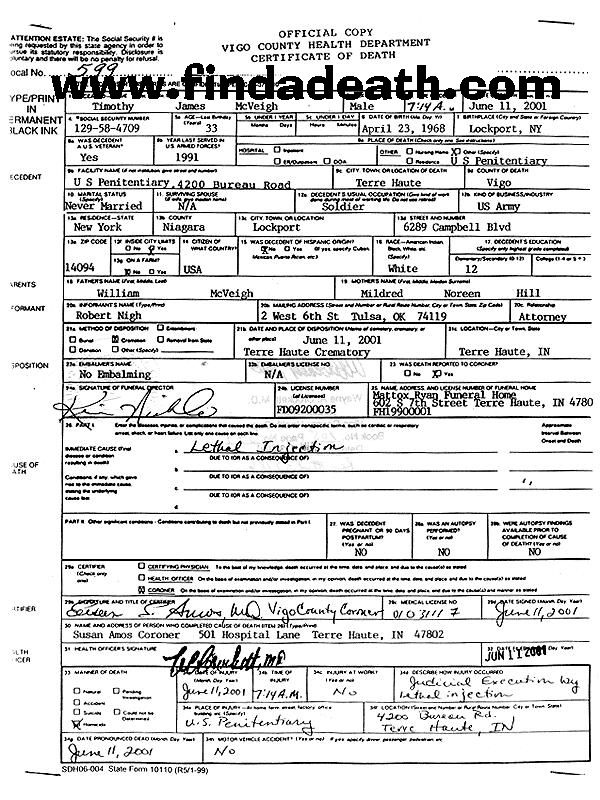 Timothy McVeigh's Death Certificate