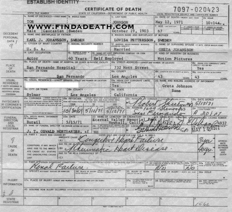 Tor Johnson's Death Certificate