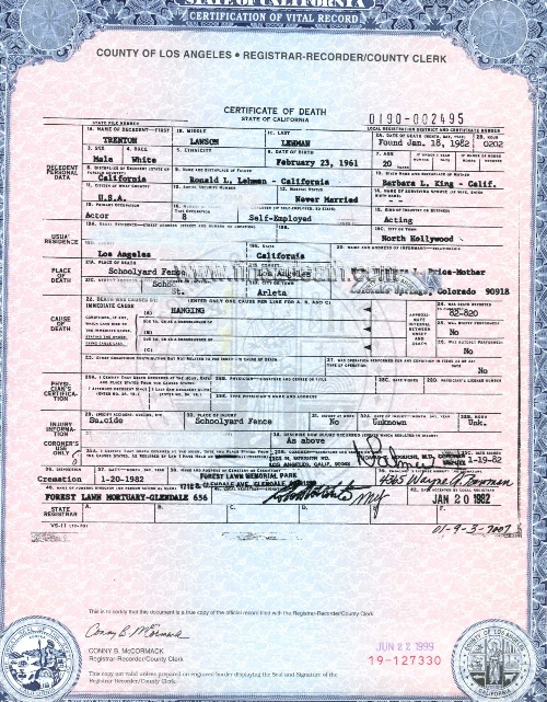 Trent Lehman Death Certificate