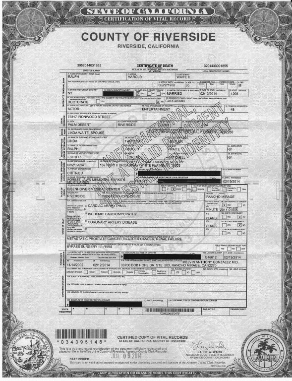 Ralph Waite's Death Certificate