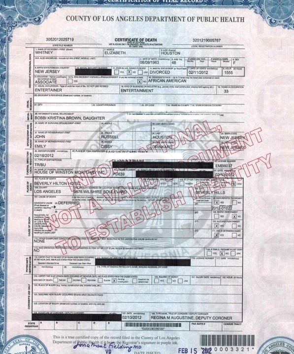 Whitney Houston's Death Certificate