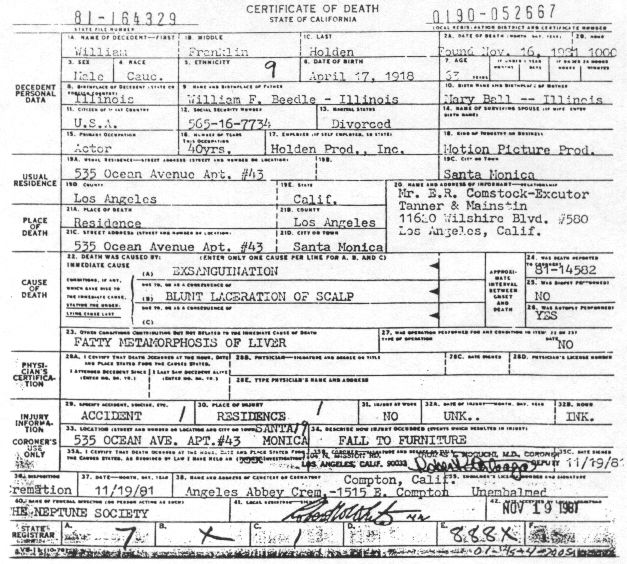 William Holden's Death Certificate
