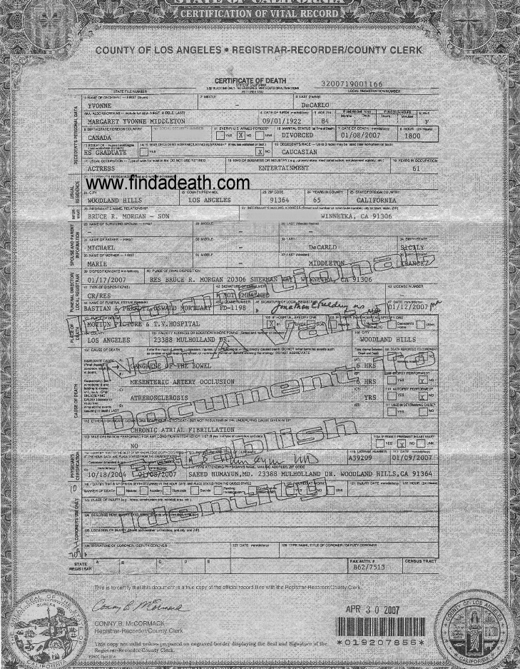 Yvonne DeCarlo's Death Certificate